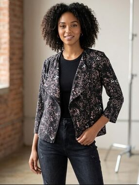 J. JESS Jacket Blouse Womens Diagonal Zipper Up Black & Pink Splatter SZ 16